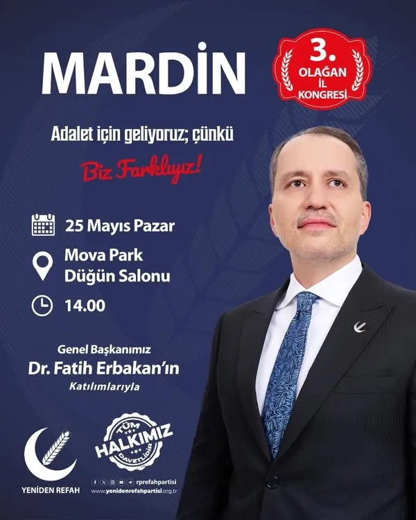 YRP LİDERİ FATİH ERBAKAN MARDİN İL KONGRESİNE KATILMAK ÜZERE MARDİN